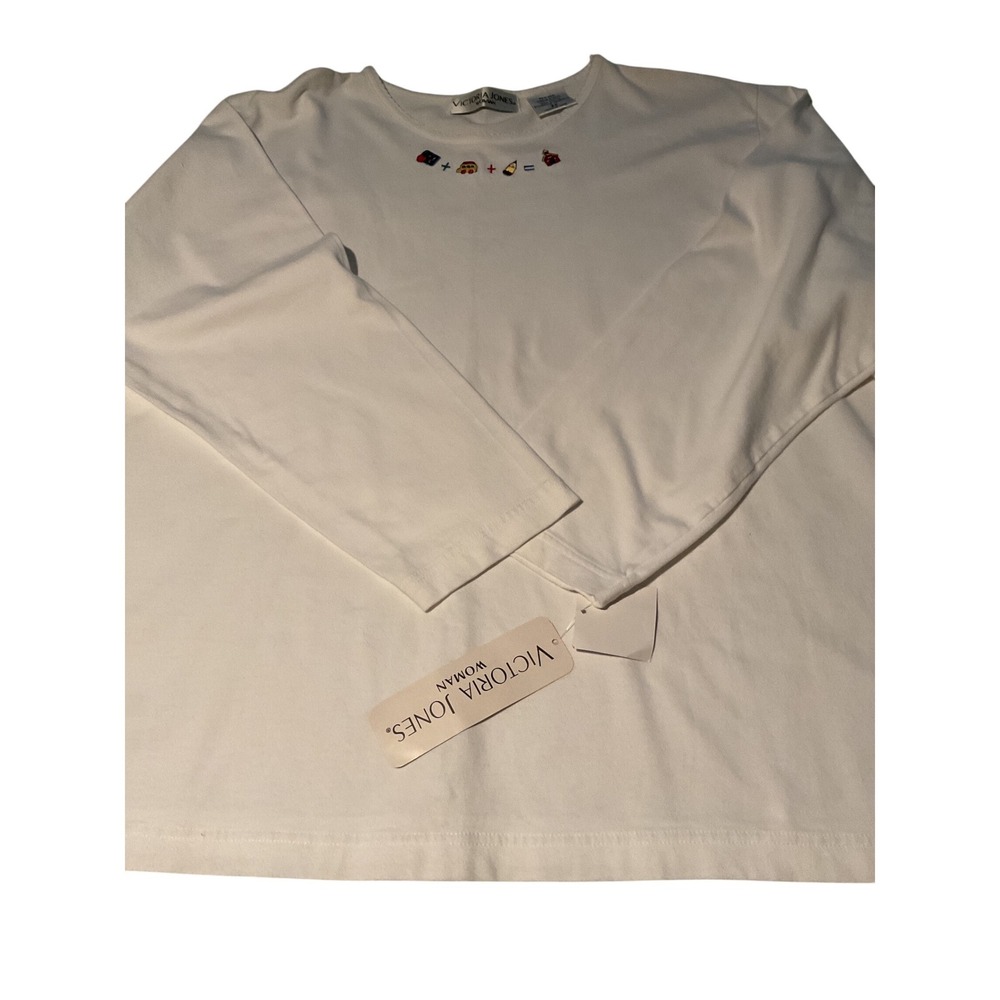 Victoria Jones Woman White Long Sleeve T Shirt School Bus Pencil Embroidery 2X